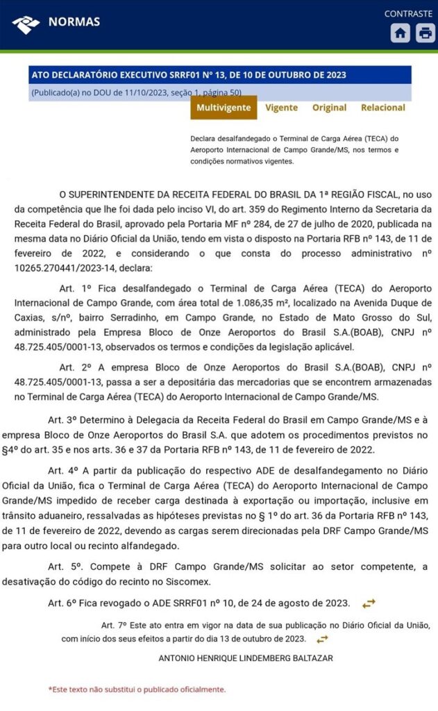Nova administradora fecha recinto alfandegário do aeroporto de Campo Grande 1 Olhar 67 - Nova administradora fecha recinto alfandegário do aeroporto de Campo Grande